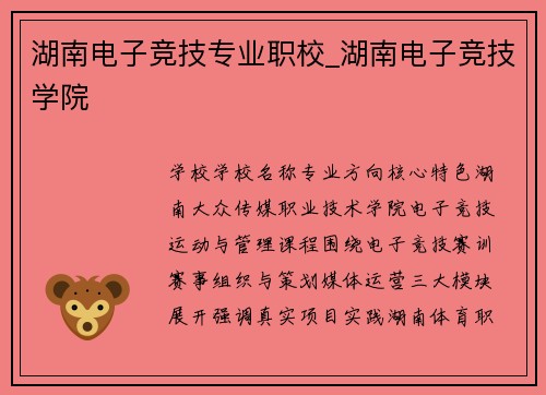 湖南电子竞技专业职校_湖南电子竞技学院